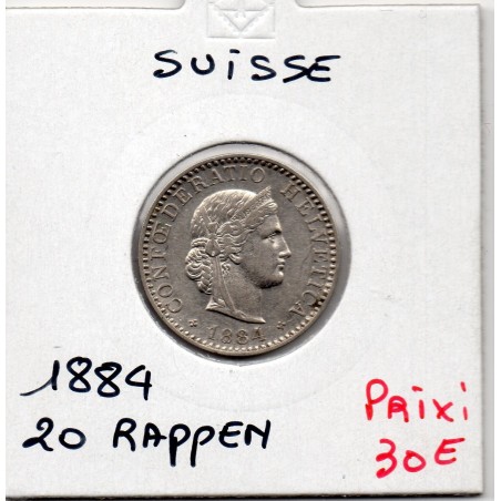 Suisse 20 rappen 1884 Sup+, KM 29 pièce de monnaie