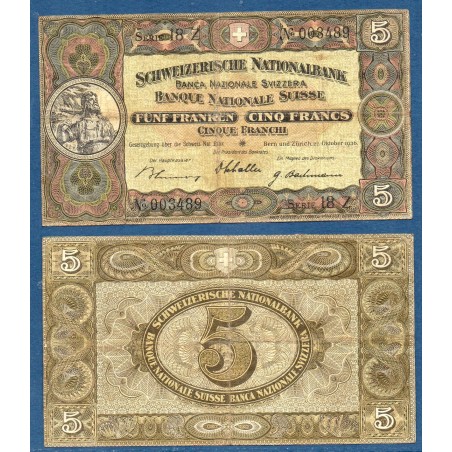 Suisse Pick N°11h, TB Billet de banque de 5 Francs 1936