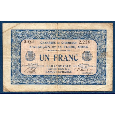 Alençon et Flers 1 franc TB 1915 pirot 17 Billet de la chambre de Commerce