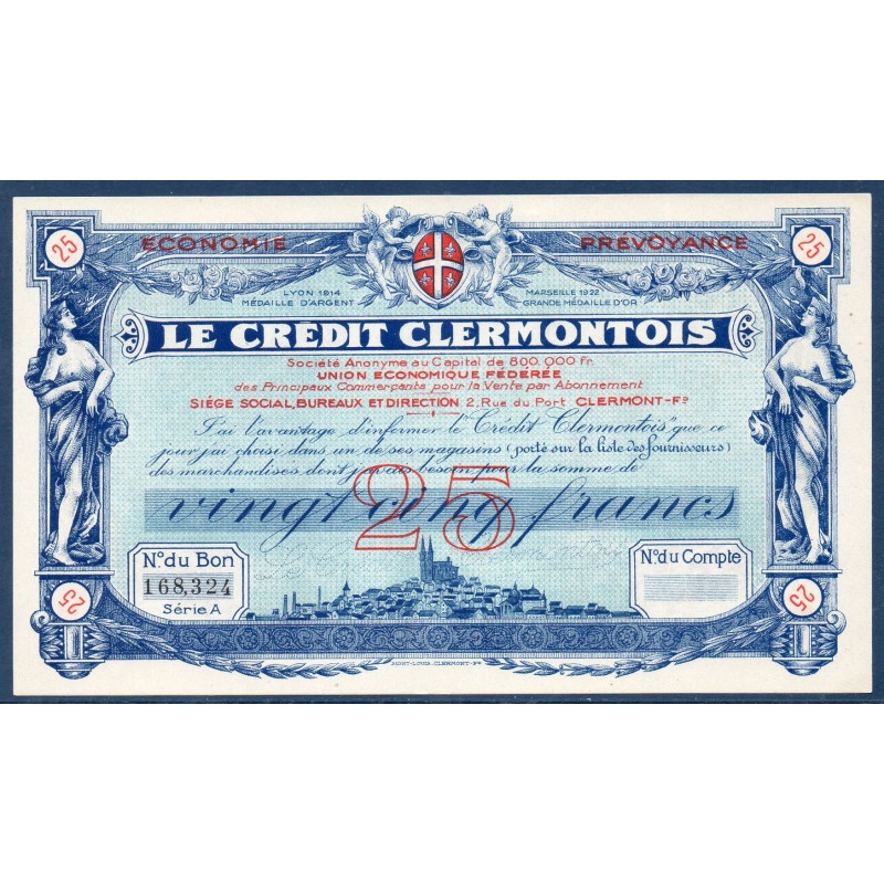 Clermont 25 francs neuf 1923 Billet d'epargne obligation prime