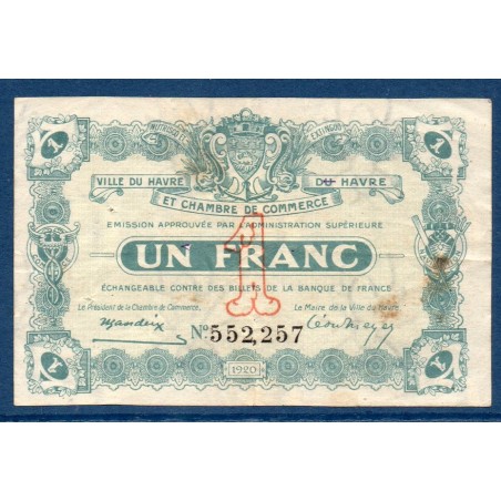 Le Havre 1 Franc TTB 18.8.1920 Pirot 28 Billet de la chambre de Commerce