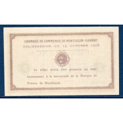 Montluçon Gannat 2 francs Spl 14 octobre 1918 Pirot 44 var Billet de la chambre de commerce