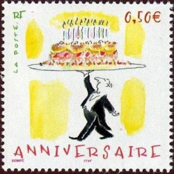 Timbre France Yvert No 3688 Sempé Anniversaire, maitre d'hotel avec gâteau
