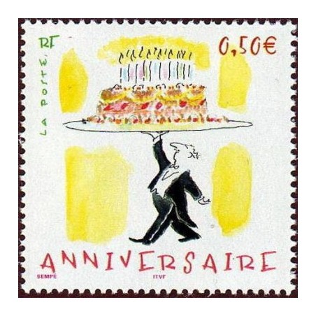 Timbre France Yvert No 3688 Sempé Anniversaire, maitre d'hotel avec gâteau