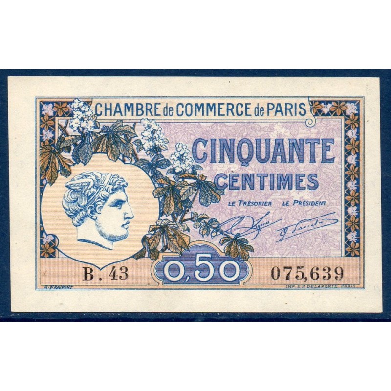 Paris 50 centimes Sup- 10 mars 1920 Pirot 31 Billet de la chambre de commerce