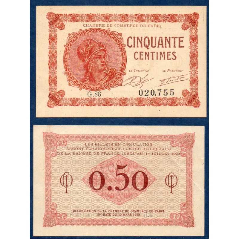 Paris 50 centimes, Sup, 10.3.1920 Pirot 97.10 Billet de la chambre de commerce Paris 50 centimes, Sup, 10.3.1920 Pirot 97.10 Billet de la chambre de commerce