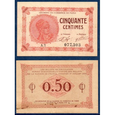 Paris 50 centimes TTB 10 mars 1920 Pirot 10 Billet de la chambre de commerce