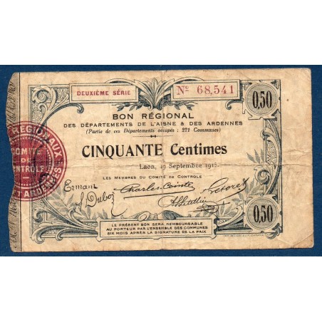 Bon régional Aisne et Ardenne (laon) 50 centimes TB 19.9.1915 pirot 02-1301 Billet