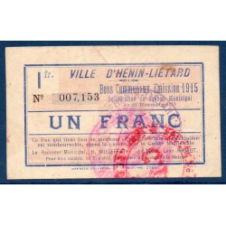 Ville Henin Lietard 1 franc TTB 24.12.1914 pirot 62-717 Billet