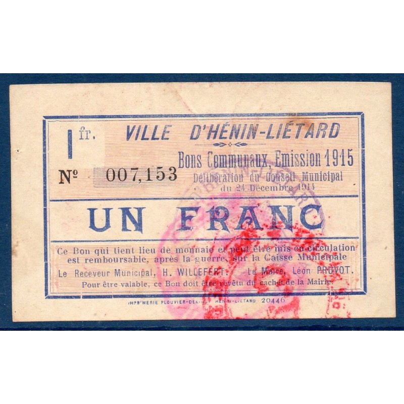 Ville Henin Lietard 1 franc TTB 24.12.1914 pirot 62-717 Billet