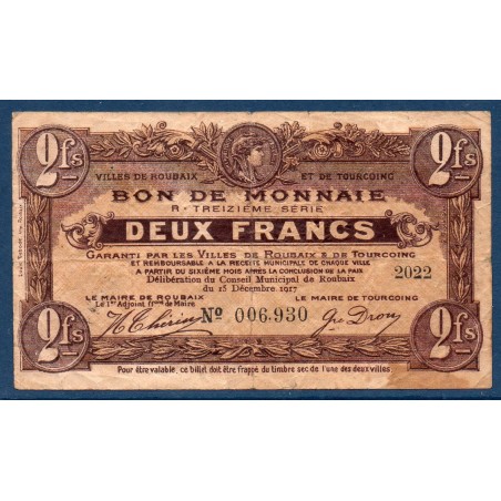 Bon de monnaie ville Roubaix Tourcoin 2 francs TB 15.12.1917 pirot 59-2213 Billet