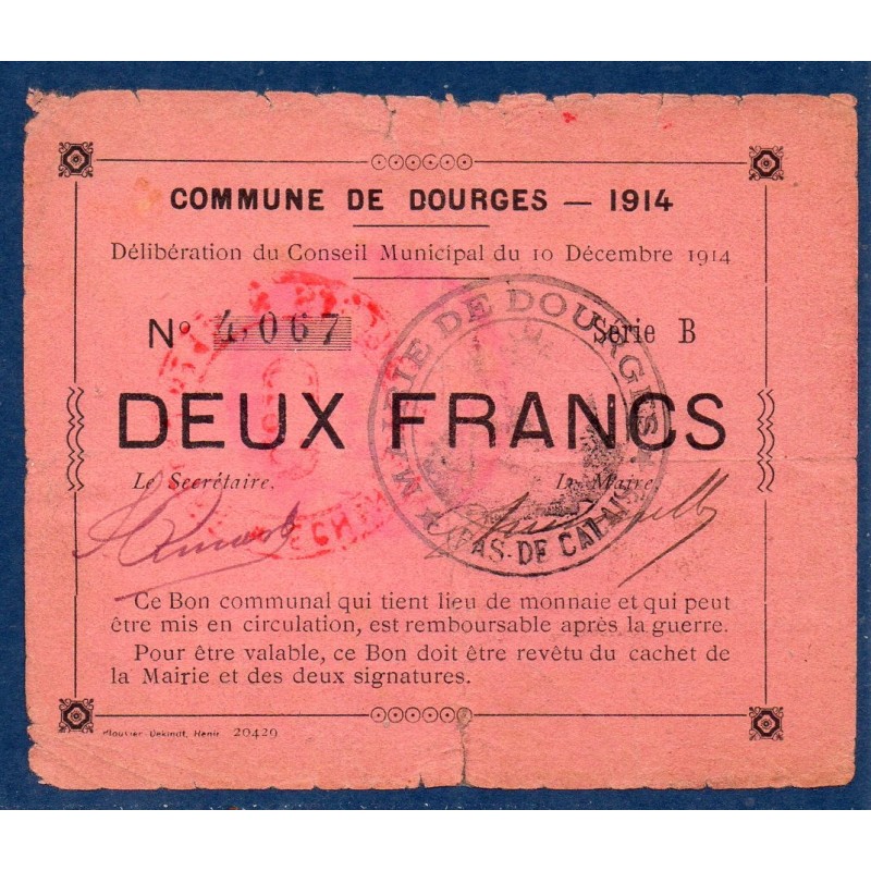 Ville de Dourges 2 Franc TB- 10.12.1914 pirot 62-363 Billet