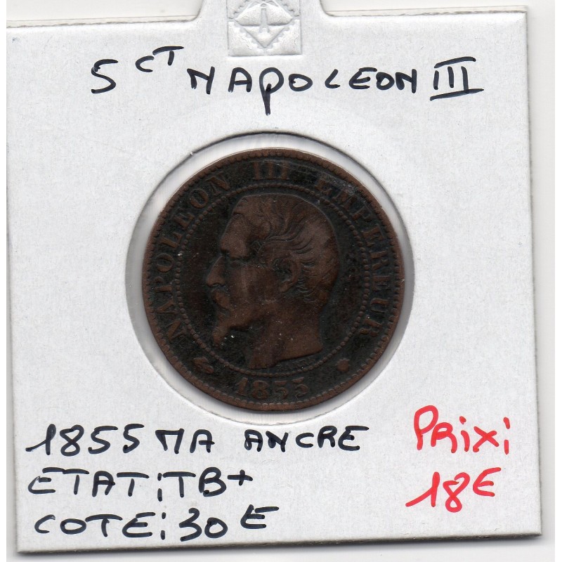 5 centimes Napoléon III tête nue 1855 MA ancre Marseille TB+, France pièce de monnaie