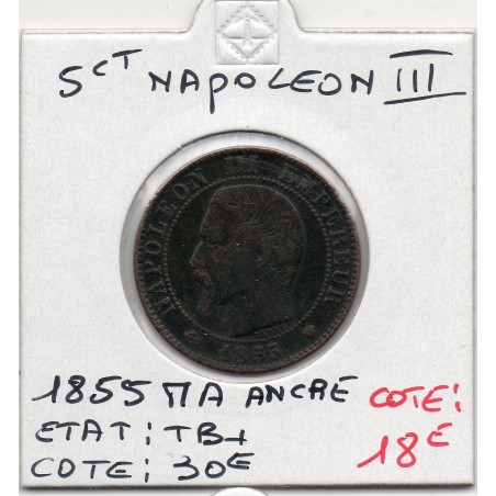 5 centimes Napoléon III tête nue 1855 MA ancre Marseille TB+, France pièce de monnaie