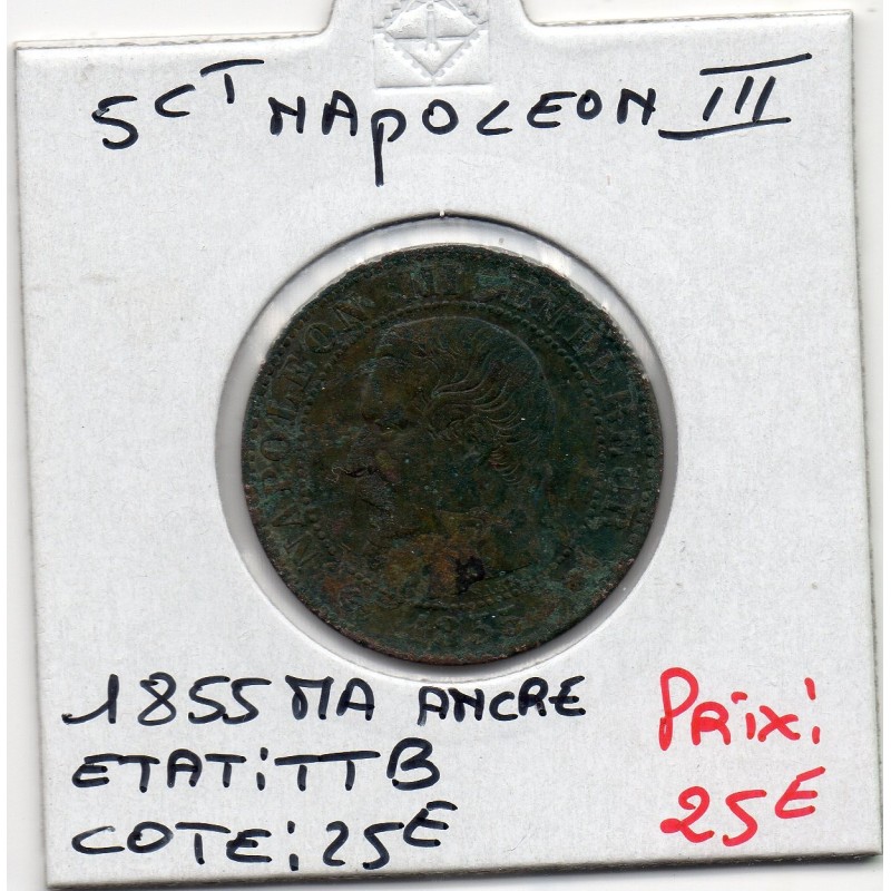 5 centimes Napoléon III tête nue 1855 MA ancre Marseille TTB, France pièce de monnaie