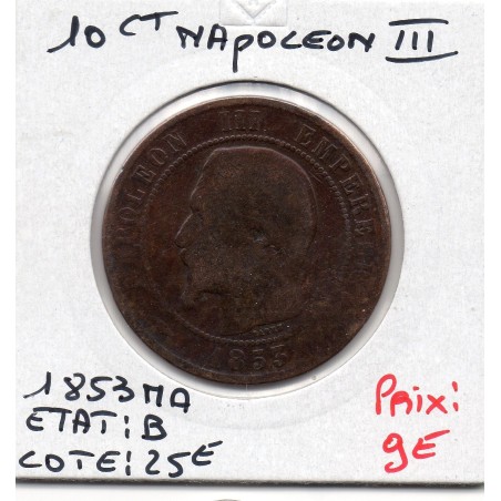 10 centimes Napoléon III tête nue 1853 MA Marseille B, France pièce de monnaie