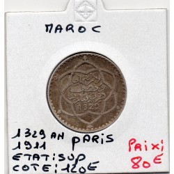 Maroc 2 1/2 Dirhams 1329 AH - 1911 Paris Sup, Lec 154 pièce de monnaie
