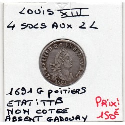 4 Sols au 2L 1691 G Poitiers Louis XIV pièce de monnaie royale
