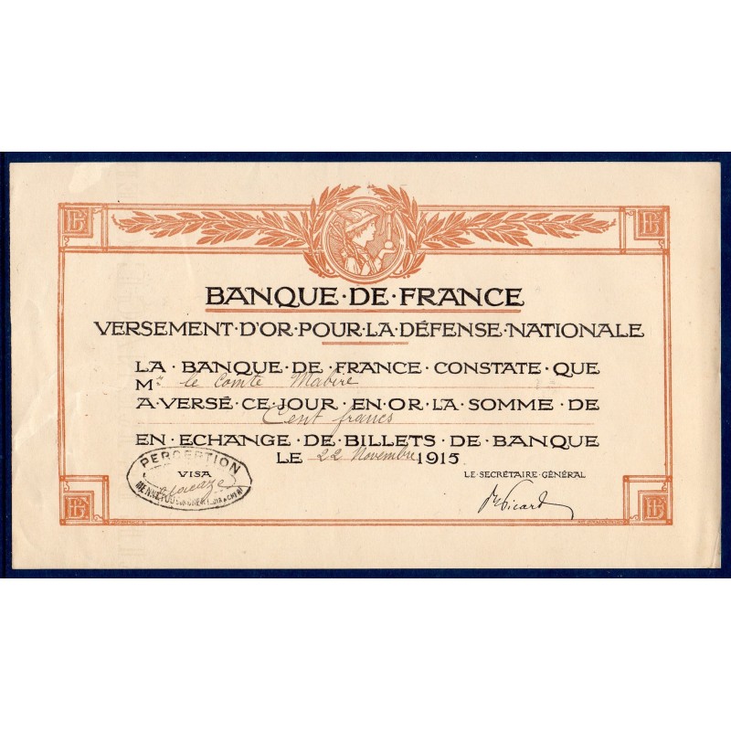 Bon de Versement d'or pour la défense nationale, 100 francs 22.11.1915