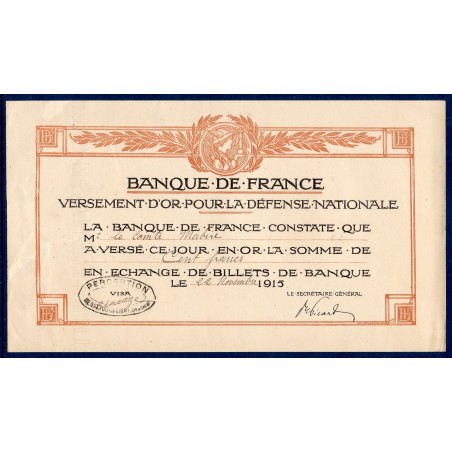 Bon de Versement d'or pour la défense nationale, 100 francs 22.11.1915