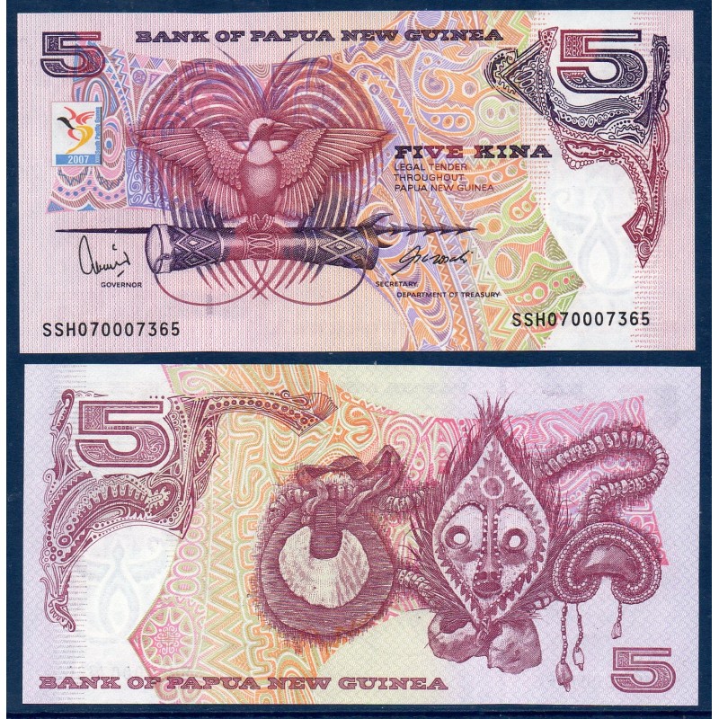 Papouasie P.34, ,neuf Billet de 5 Kina 2007 masque Papouasie P.34, ,neuf Billet de 5 Kina 2007 masque