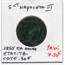 5 centimes Napoléon III tête nue 1855 MA ancre Marseille TB-, France pièce de monnaie