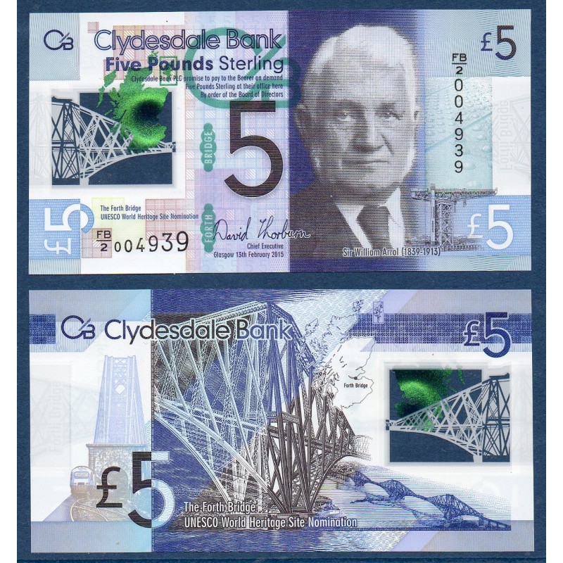 Ecosse Pick N°229N, Neuf Billet de banque de 5 pounds 2015 Clydesdale Bank