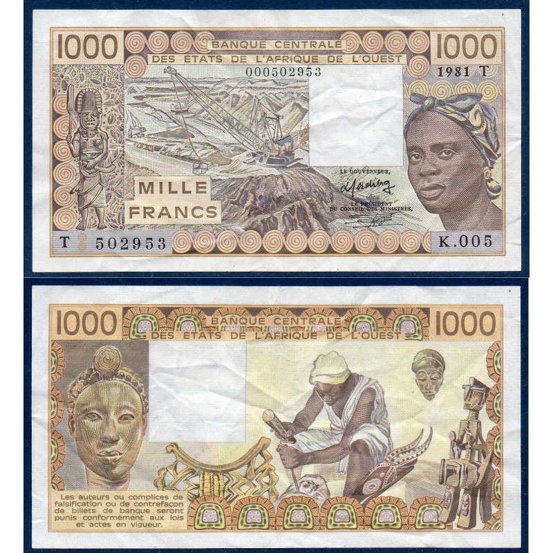 BCEAO Pick 807Tbx pour le Togo, TTB+ Billet de banque de 1000 Francs CFA 1981