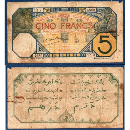 AOF Pick 5Bf, B Billet de banque de 5 Francs 1.9.1932