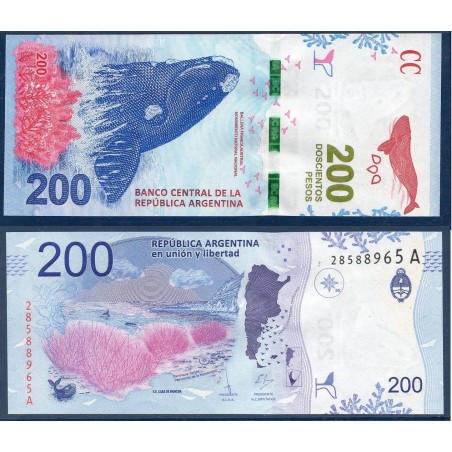 Argentine P.364a, neuf Billet de 200 Pesos 2016 baleine