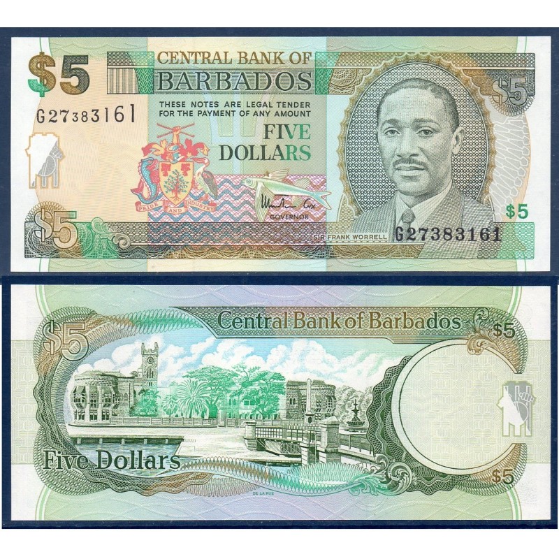 Barbade Pick N°55, Neuf Billet de banque de 5 dollars 1999