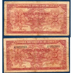 Belgique Pick N°121, B Billet de banque de 5 Francs Belge 1943