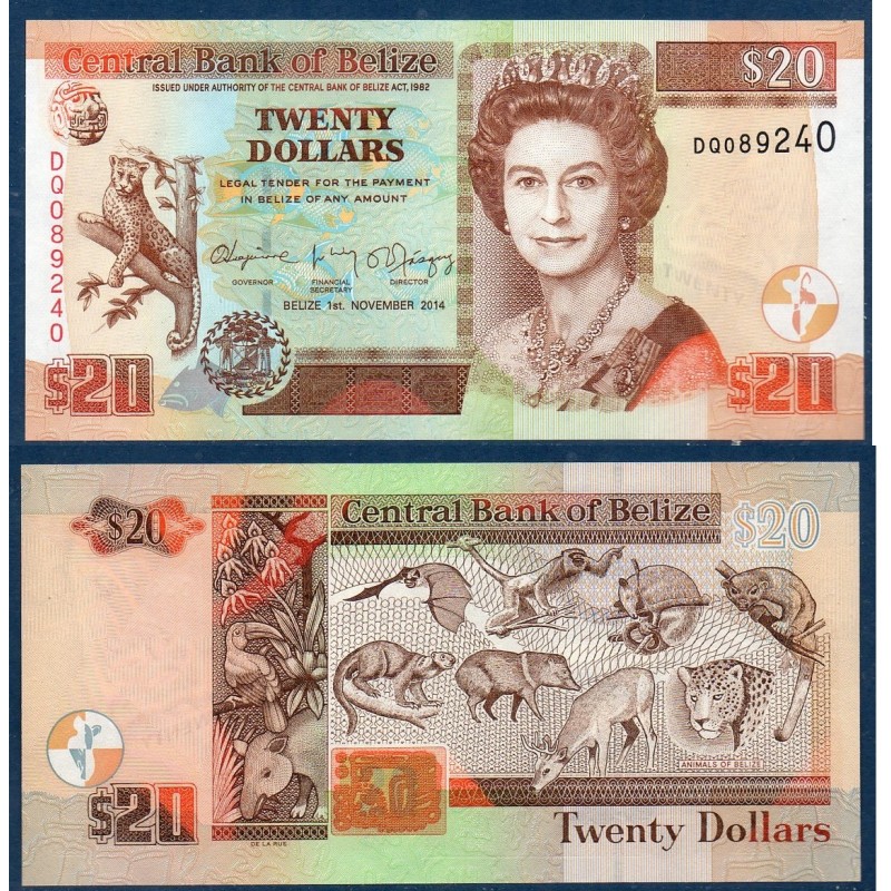 Belize P.69e, neuf Billet de 20 dollars 2014 animaux Belize P.69e, neuf Billet de 20 dollars 2014 animaux