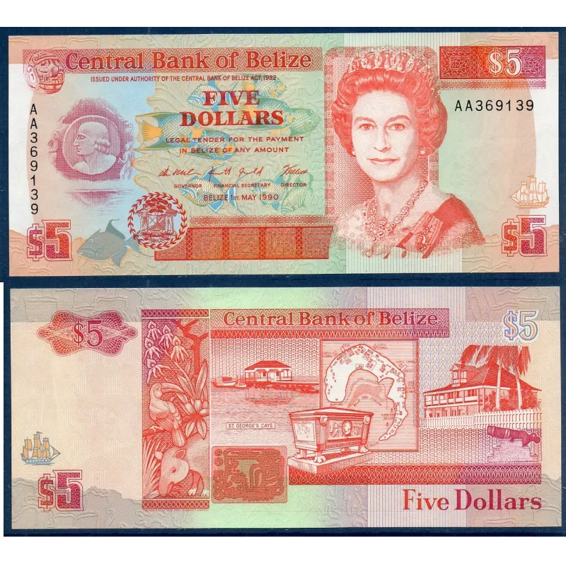 Belize Pick N°53a, Neuf Billet de banque de 5 dollars 1990 Belize Pick N°53a, Neuf Billet de banque de 5 dollars 1990