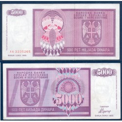 Bosnie Pick N°138a, TTB Billet de banque de 5000 Dinara 1992