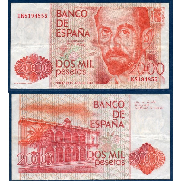 Espagne P.159, TTB Billet de 2000 pesetas 1980 Juan Ramon Jimenez