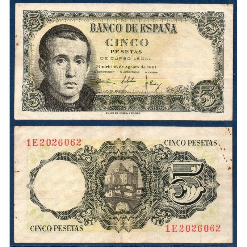 Espagne Pick N°140, Billet de banque de 5 peseta 1951