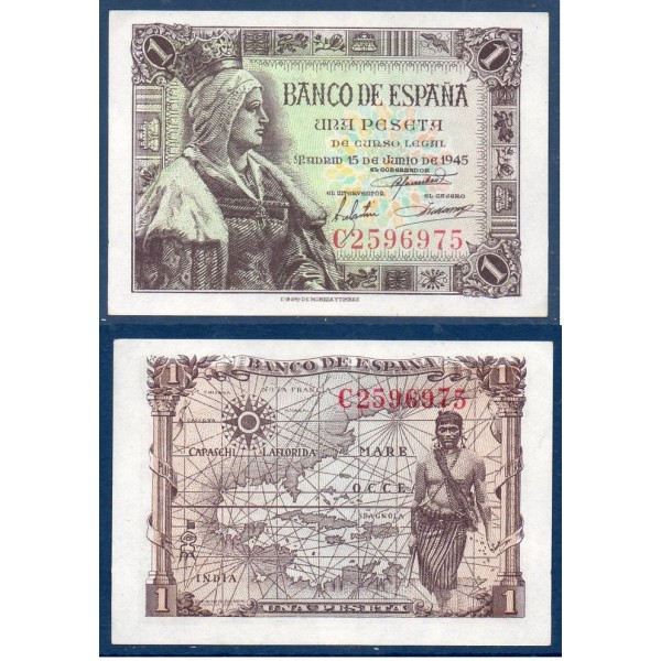 Espagne Pick N°128a, Billet de banque de 1 peseta 1945