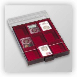 Médaillier 9 compartiments carrés pour capusles Numismatiques US, teinte fumée 