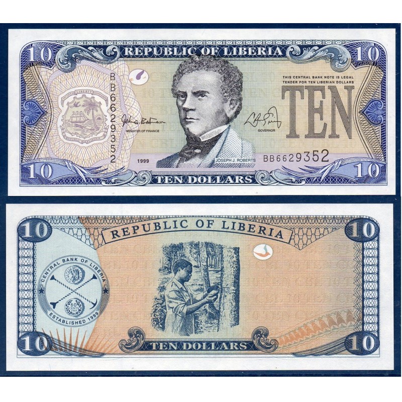 Liberia Pick N°22, Billet de banque de 10 Dollars 1999