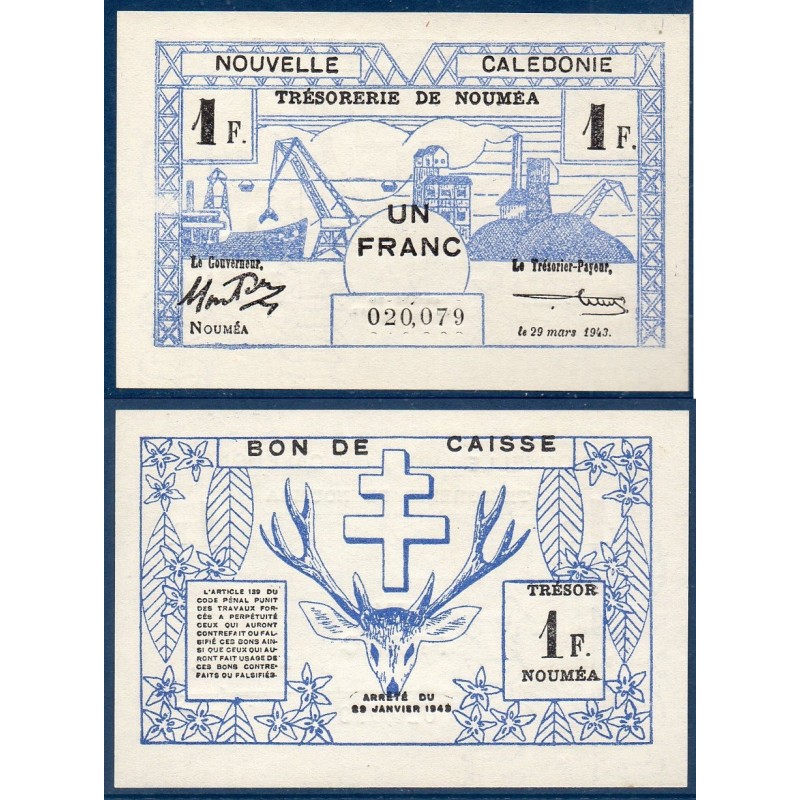Nouvelle Calédonie Pick N°55b, Neuf Billet de banque de 1 franc 1943