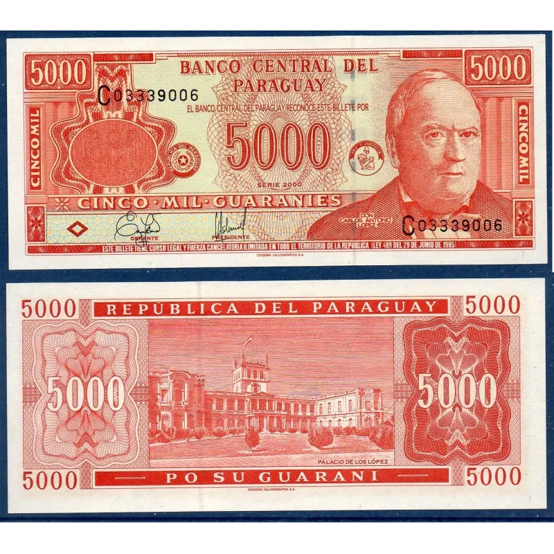 Paraguay Pick N°220a, Billet de banque de 5000 Guaranies 2000 Paraguay Pick N°220a, Billet de banque de 5000 Guaranies 2000