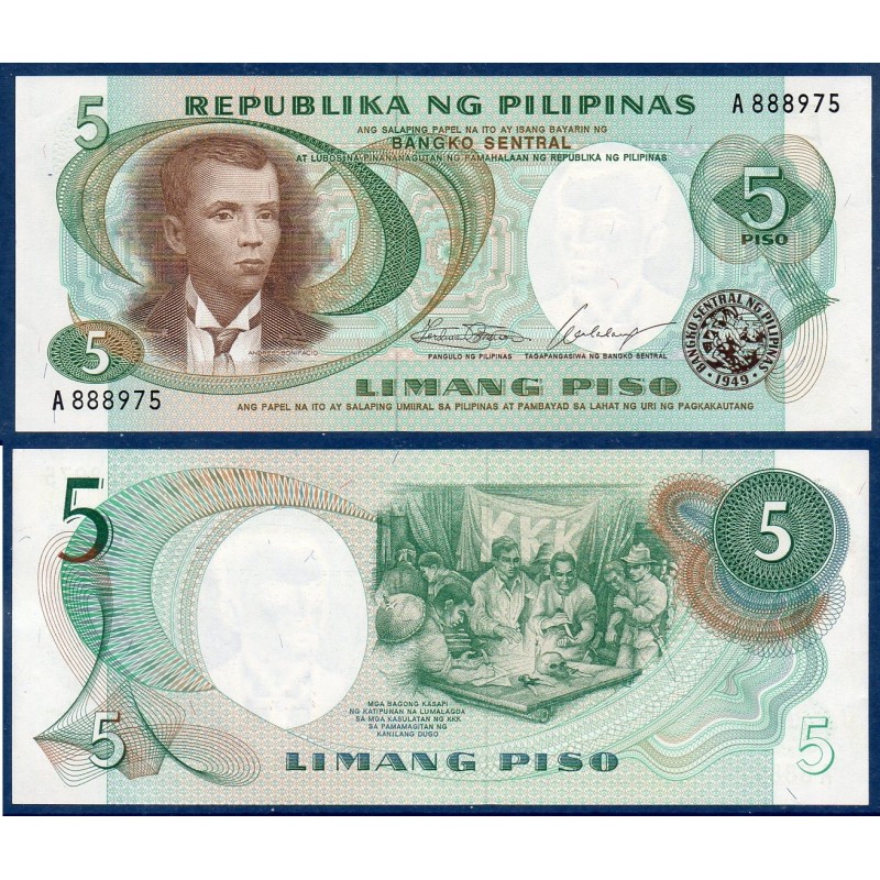 Philippines Pick N°143a, Billet de banque de 5 Piso 1969