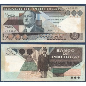 Portugal Pick N°182b, Billet de banque de 5000 Escudos 27.1.1981