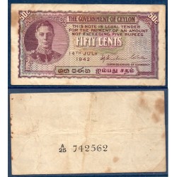 Ceylan Pick N°45b, Billet de banque de 50 cents 1949