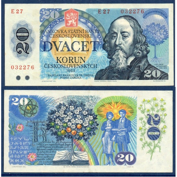 Tchécoslovaquie P.95a,TTB Billet de 20 Korun 1988 Jan Amos Komensky