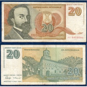Yougoslavie P.150, TB Billet de 20 Dinara 1994 Dura Jaksic
