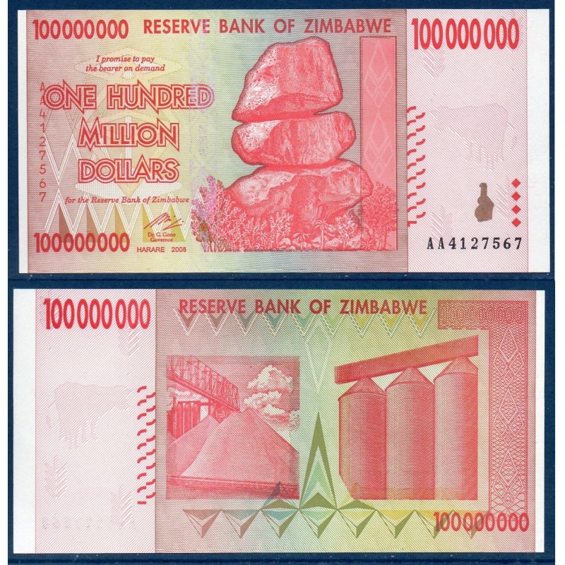 Zimbabwe Pick N°80, neuf Billet de banque de 100 millions de Dollars 2008