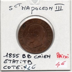 5 centimes Napoléon III tête nue 1855 BB Chien TB, France pièce de monnaie