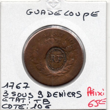Guadeloupe, 3 sous 9 deniers 1793 TB, Lec 4 pièce de monnaie